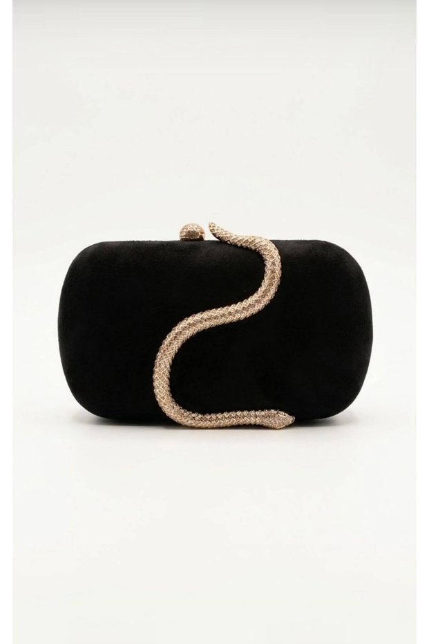 Women's Snake Figured Stoned Black Suede Portfolio Evening Dress Handbag Hardbox Clutch and Shoulder Strap