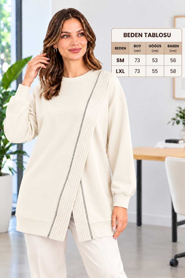 Tunic Women's Sweatshirt with Cross Zipper Detail in Combed Cotton Fabric