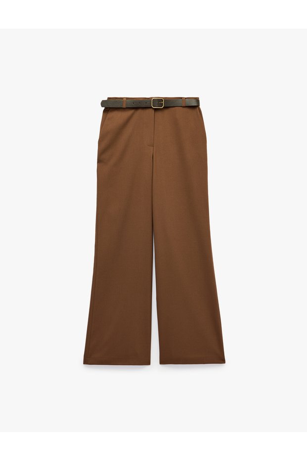 Straight Cut Wide Leg Belted Fabric Trousers with Pockets