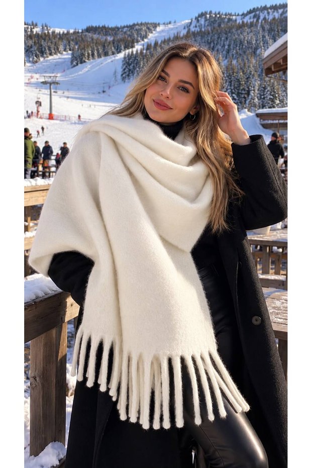 Ecru Premium Imported Soft Textured Fabric Thick Women's Scarf Shawl with Tassels