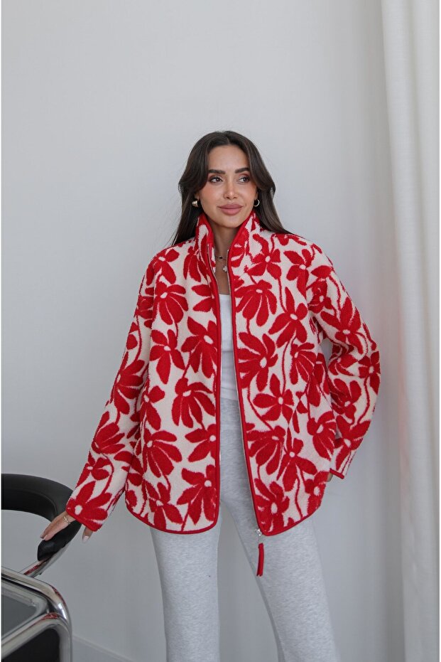 Red Floral Patterned Zippered Fleece Jacket