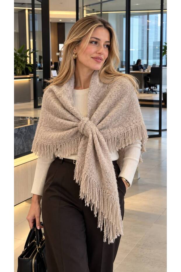 Beige Wool Knitwear Tasseled Inner-Looped Triangle Women's Shoulder Shawl
