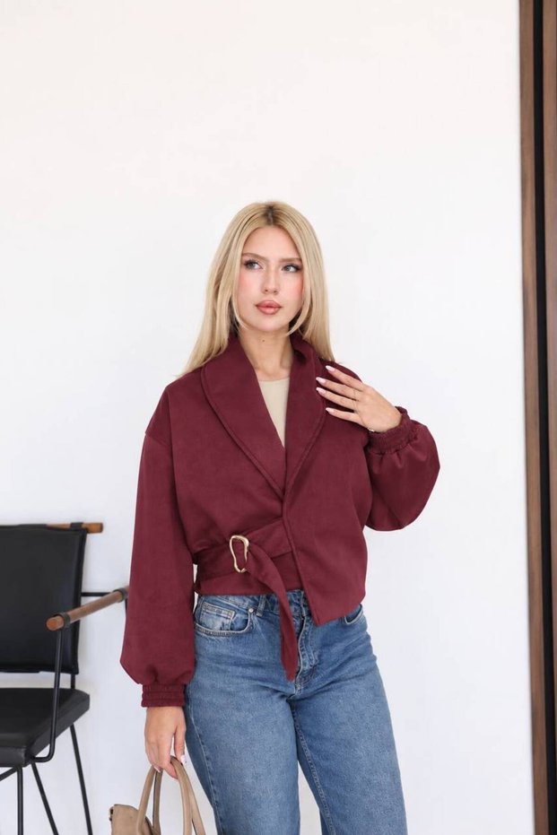 Women's Burgundy Waist Buckle Detail V-Neck Belted Short Suede Jacket