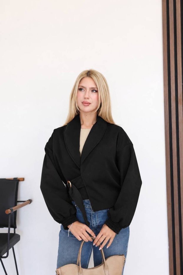 Women's Black Waist Buckle Detail V-Neck Belted Short Suede Jacket