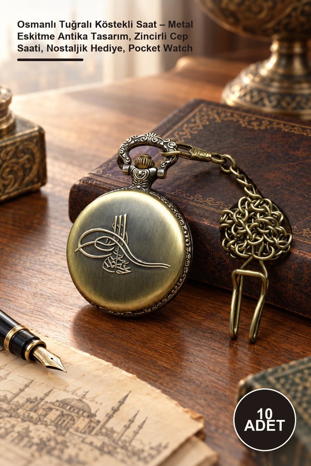 10 Pieces Ottoman Monogrammed Chain Watches – Metal Vintage Antique Design, Pocket Watch with Chain, Nostalgic Gift, Pocket Watch