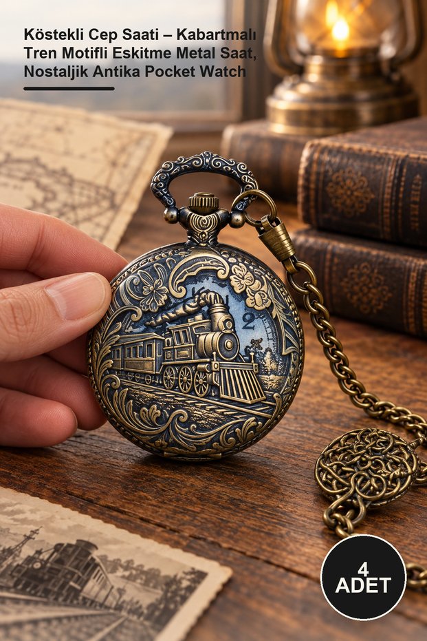 4 Pieces of Pocket Watches with Chains – Vintage Metal Watch with Embossed Train Motif, Nostalgic Antique Pocket Watch