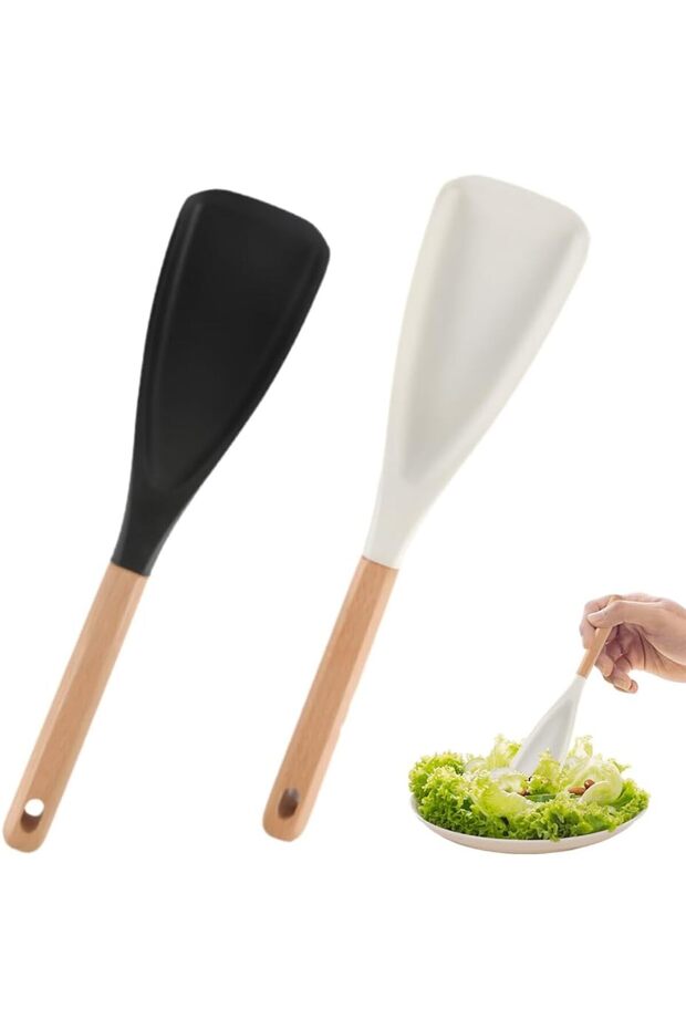 Multi-Function Silicone Spatula Spoon,Heat Resistant Cooking Utensil with Wooden Handle,Black White