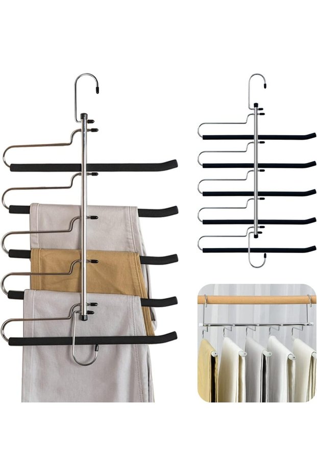 Space Saving Pants Hangers,5-Layer Multi-Purpose Metal Closet Organizer for Jeans and Slacks,Non-Slip Foam Padded,2 Pack