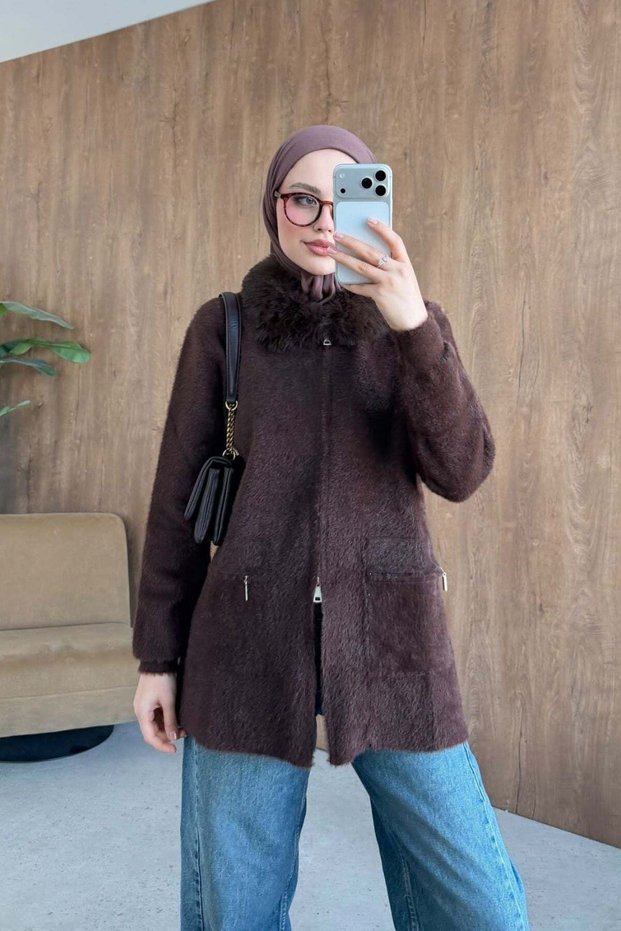 Gökçe Fur Angora Cardigan Brown