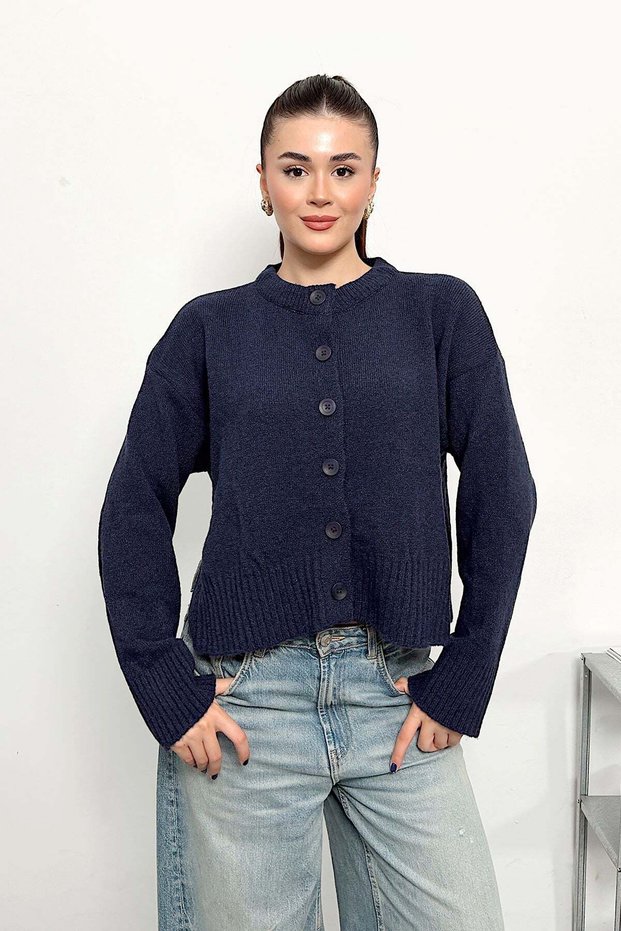 Women's Crew Neck Buttoned Cardigan with Side Slits Navy Blue - 27K 2286