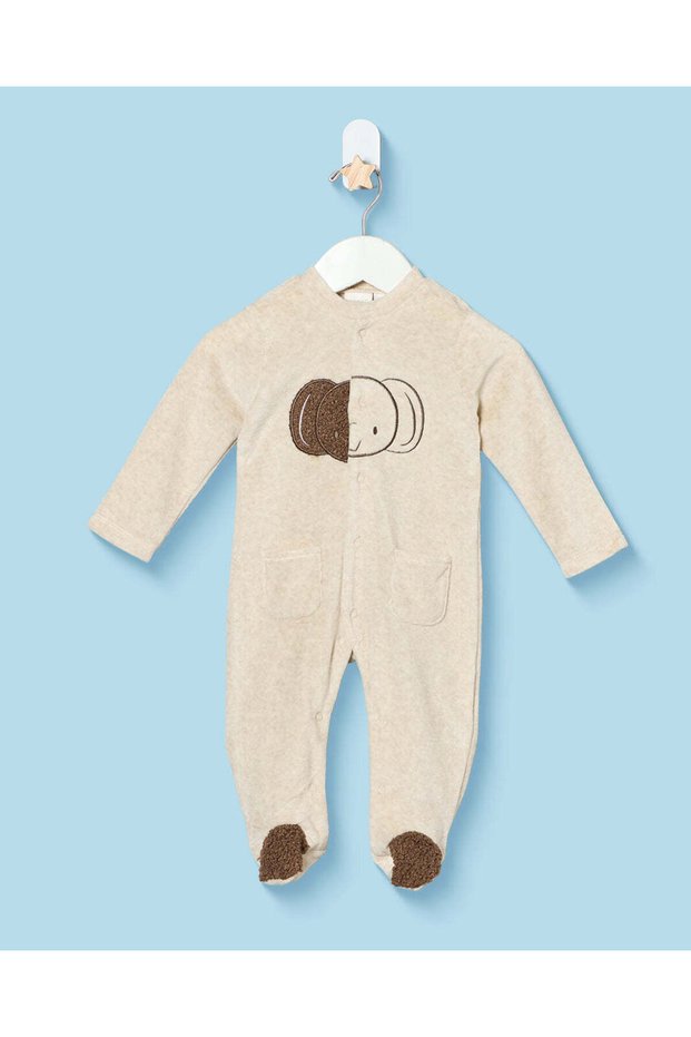 Baby Beige Embroidered Velour Sleepsuit