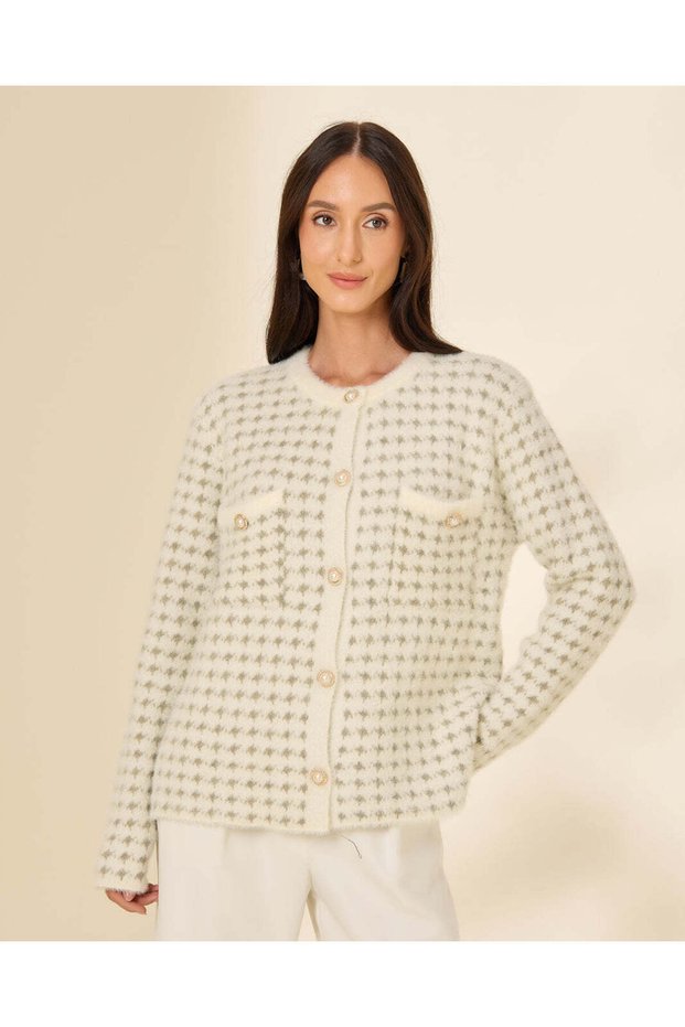 Women White Knit Cardigan With Front Button Closure