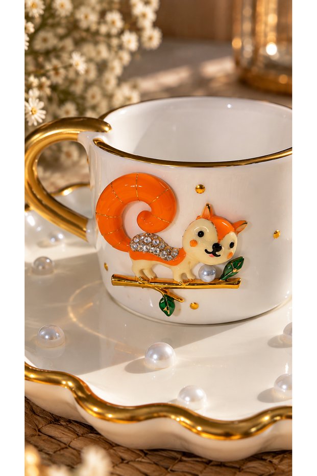 Stone Embellished Turkish Coffee Cup Set with Fox Figure and Gold Detail