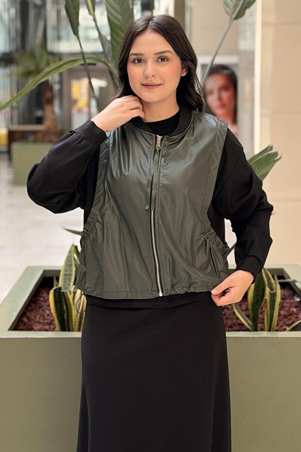 Zippered Leather Combination Bomber Nero Jacket