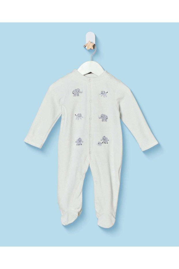 Baby White Embroidered Velour Sleepsuit