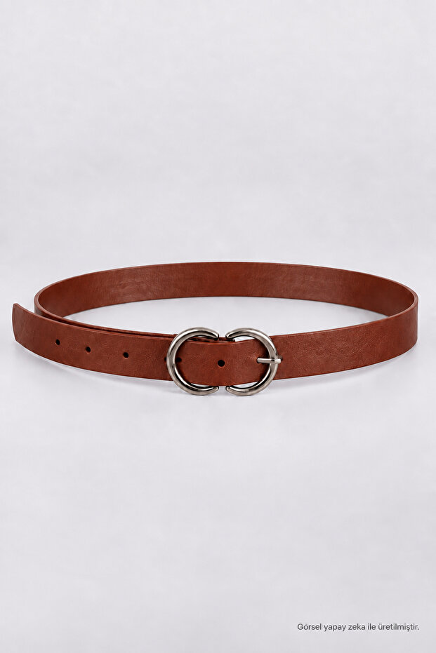 Faux Leather Belt with Silver Buckle Lkm0012 Taba