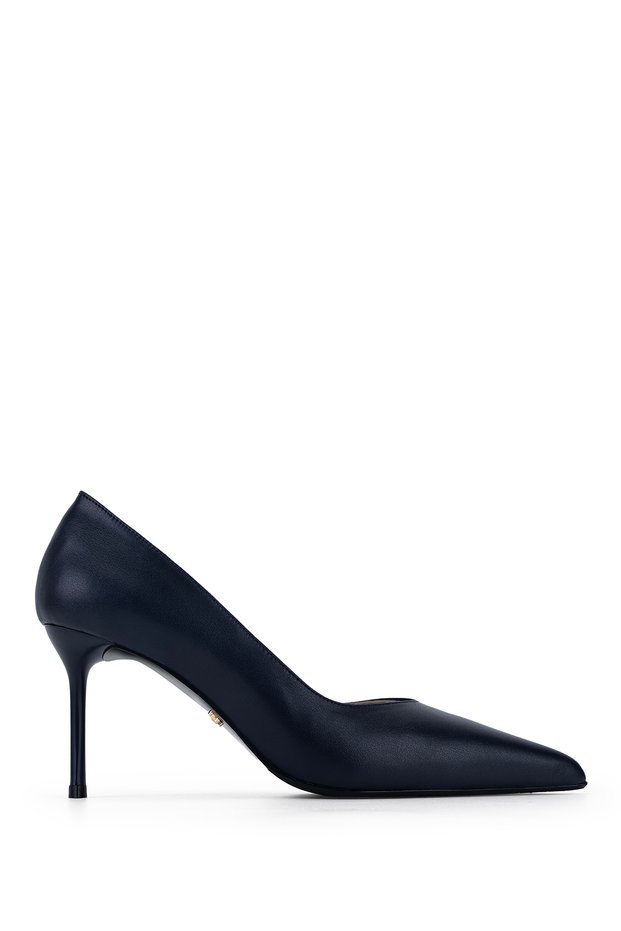 Women's Genuine Leather Navy Blue Heeled Shoes