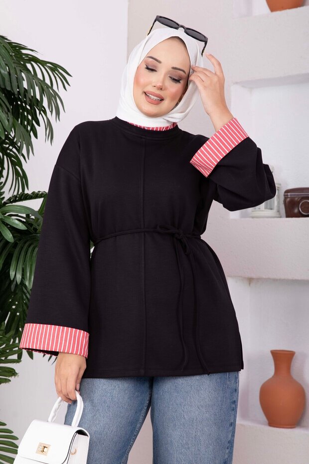Striped Garnished Lace-Up Tunic Black