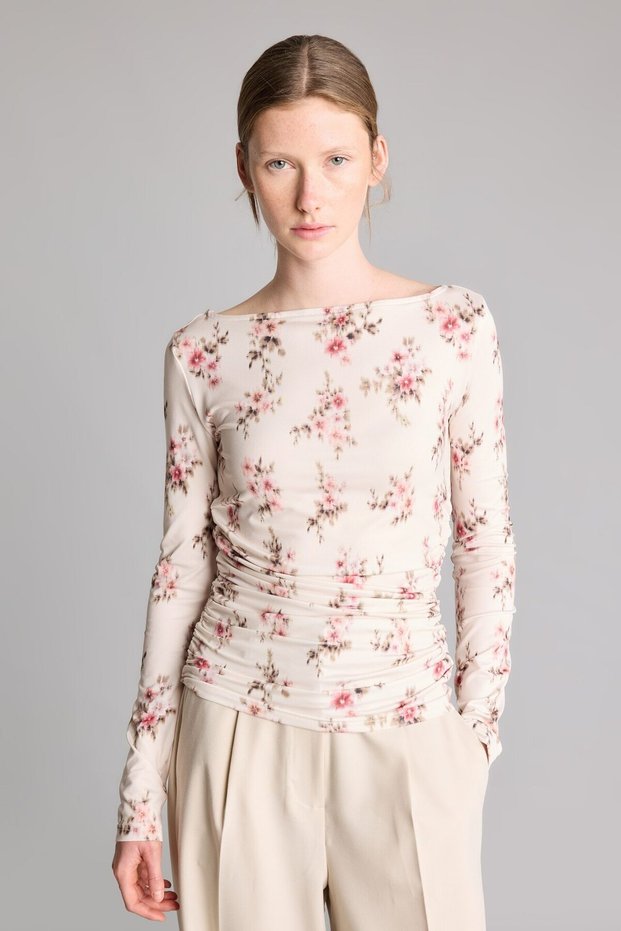 Slim Fit Boat Neck Shirred Floral Pattern Tulle Long Sleeve T-Shirt I9649Ax26Wn