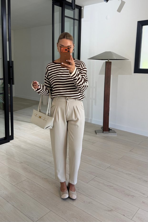 Double Pinstripe Stone Carrot Trousers
