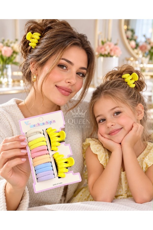 14-Piece Set of Yellow Pastel Shades Oyster Hairpins and Colorful Towel Rubber Hair Clips