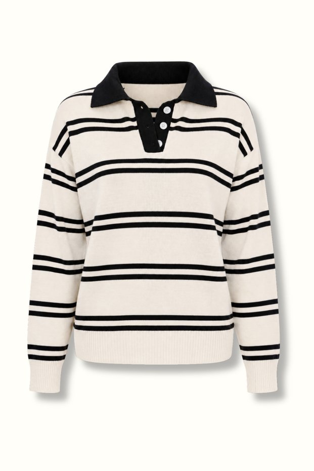 Polo Collar Ecru/Black Striped Knitwear