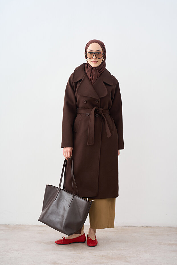 Women's Back Button Detailed Double Pocket Waist Tie Cashmere Coat Brown