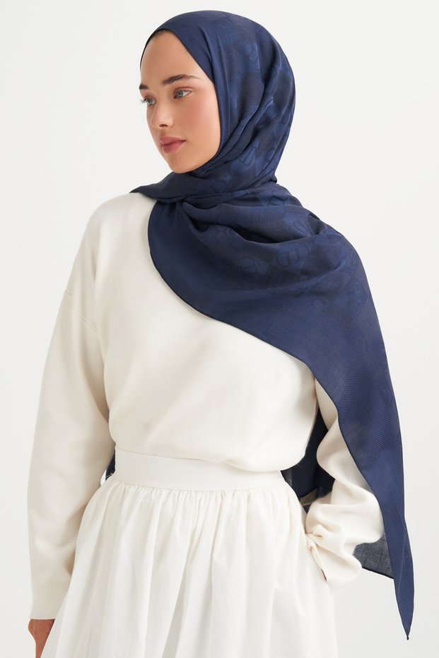 Elite Pattern Tencel Wool Viscose Shawl Navy Blue