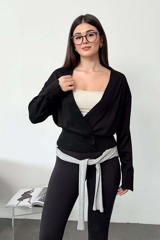 Women's Double-Breasted Collar Detailed Cardigan Black - 27K 2655