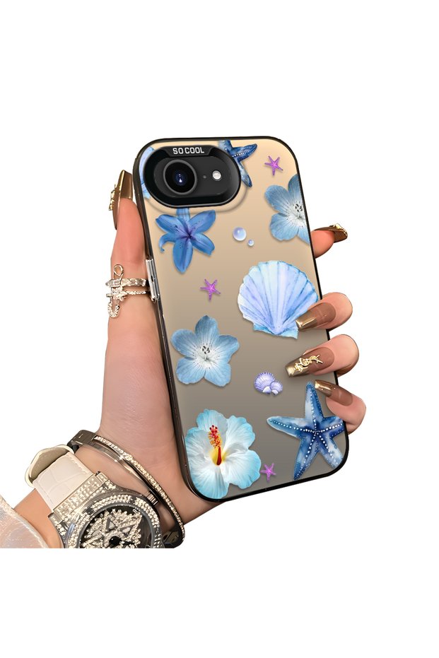 iPhone 16E Compatible Silicone Edge Hard Back Case Sea Star Pattern Phone Case