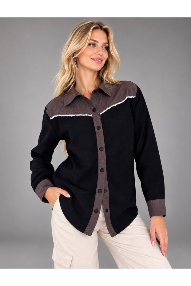 Women's Black and Brown Garnished Snap Button Oversize Shirt – Western Style Long Sleeve Stylish Shirt