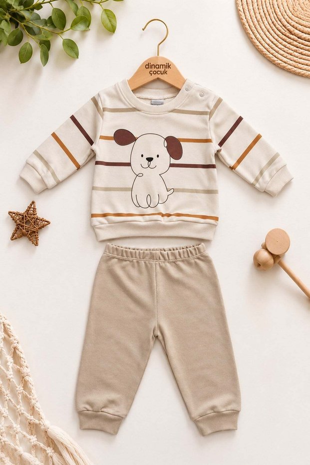 Baby Boy Striped Dog Printed Snap-Back Sweatshirt 2-Piece Top and Bottom Tracksuit Set 3-12 Months