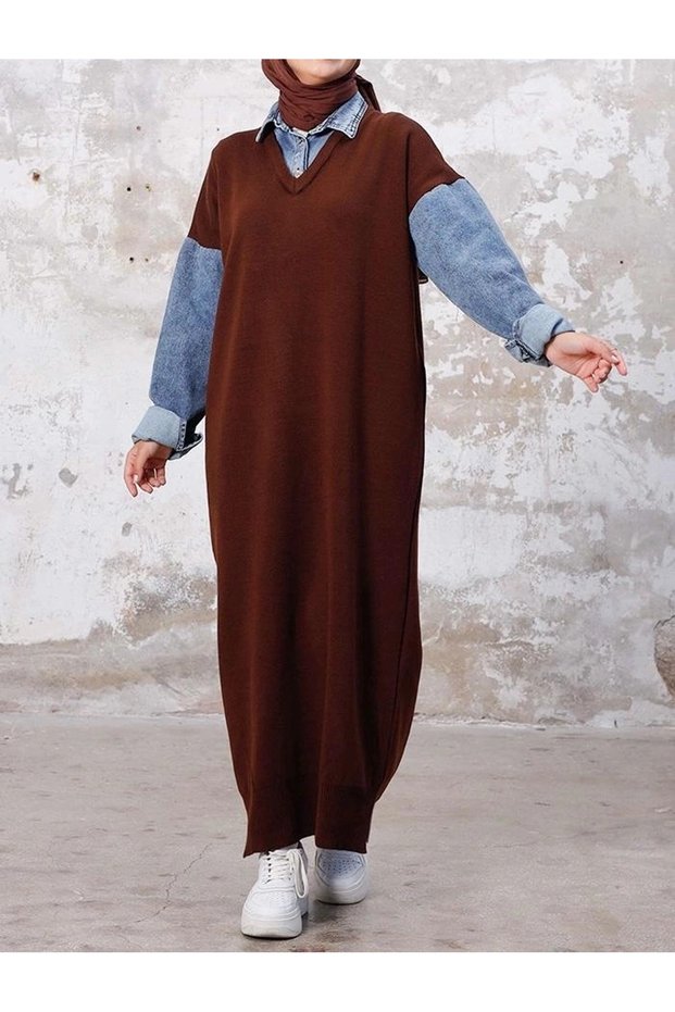 Crew Neck Knit Dress with Denim Detail - Brown