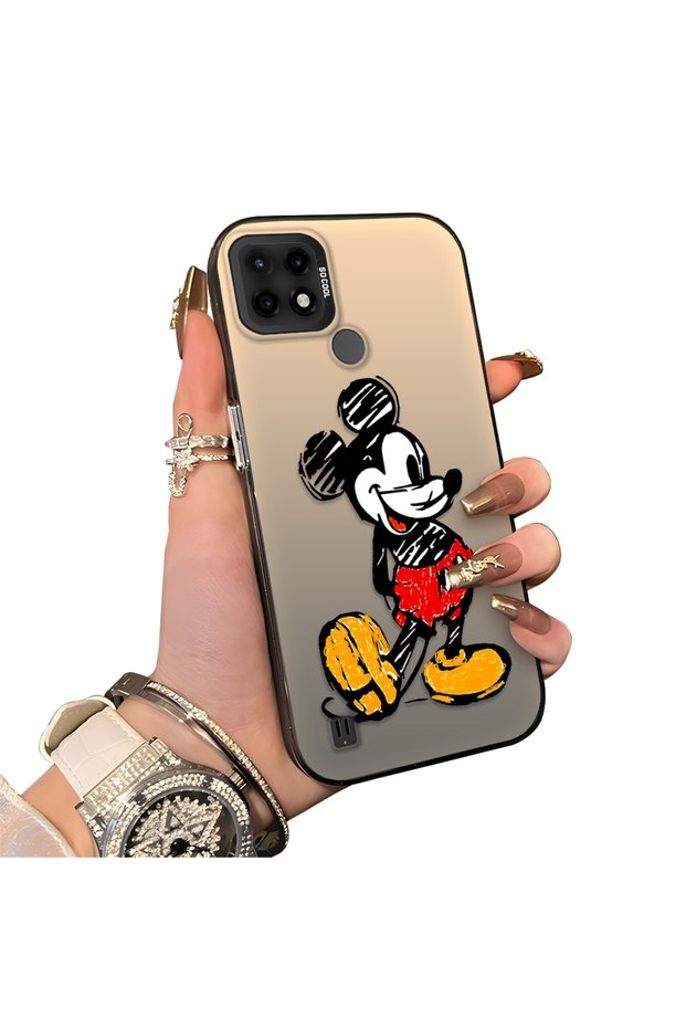 Realme C21 Compatible Silicone Edge Hard Back Case Mickey Patterned Couple Phone Case