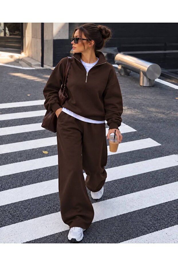 Brown High-Neck Top and Wide-Leg Bottom Tracksuit Set