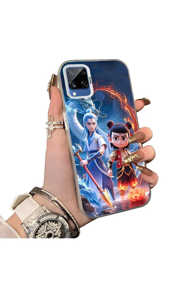 Realme C15 Compatible Silicone Edge Hard Back Case Nezha Patterned Couple Phone Case