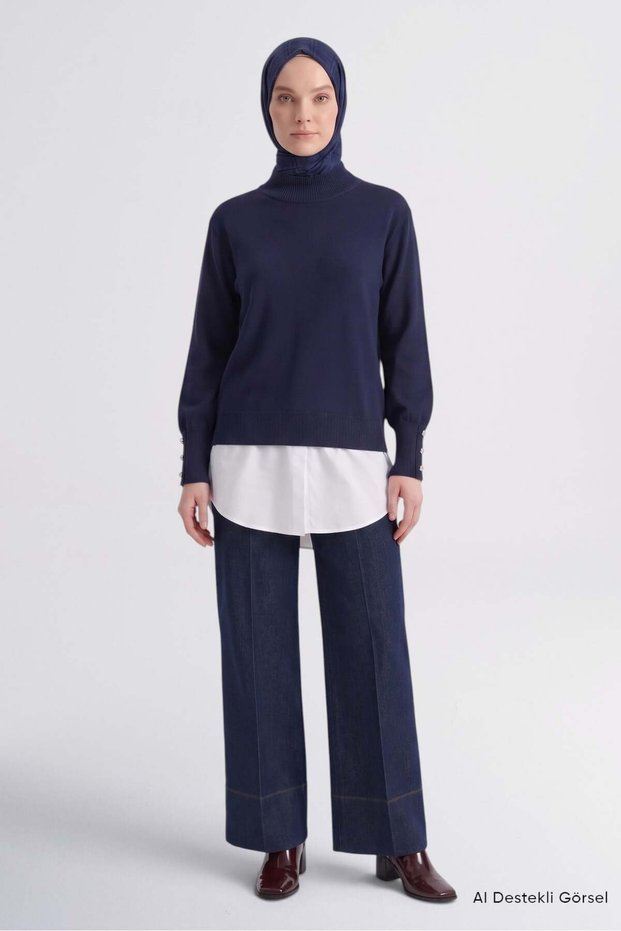 Button detailed basic sweater navy blue
