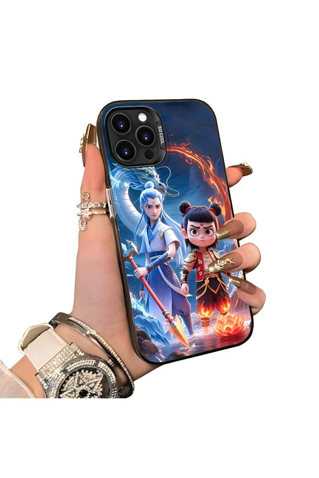 iPhone 13 Pro Compatible Silicone Edge Hard Back Case Nezha Patterned Couple Phone Case