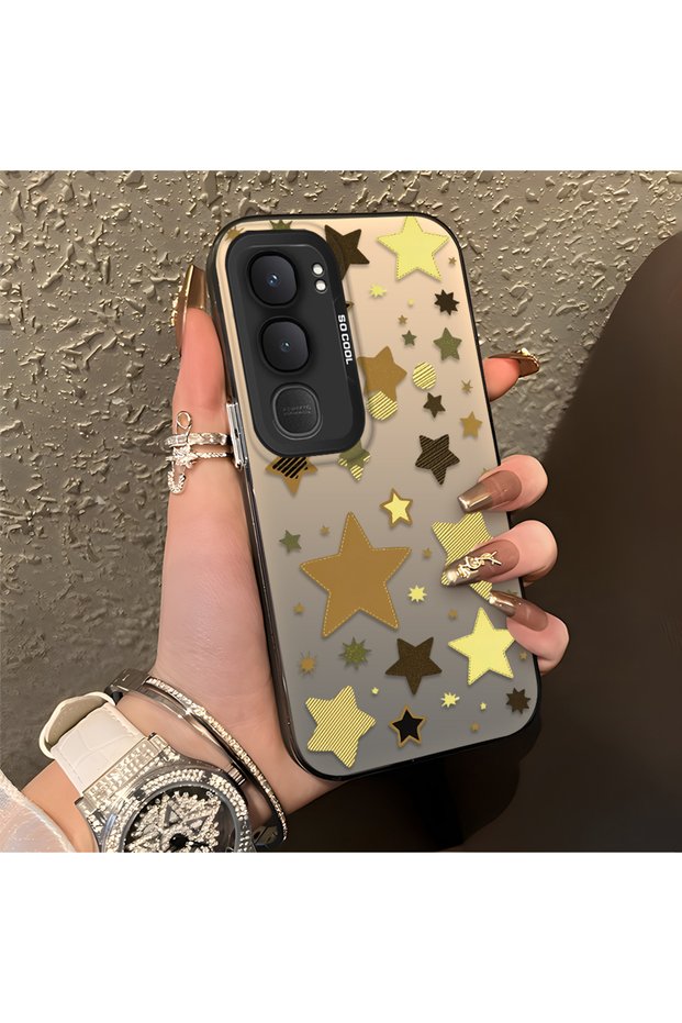 Vivo Y31/Y21D Compatible Retro Coffee Tone Star Sticker Printed Case, Aesthetic Design