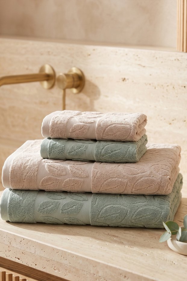 4-Piece Leaf Jacquard Bath Set | 2 Pieces of 70X140 cm Bath Towels, 2 Pieces of 50X90 Hand, Face, and Hair Towels | 100% Cotton