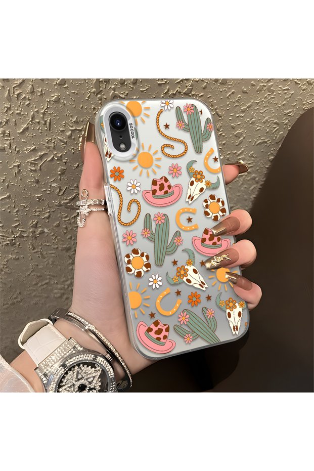 iPhone Xr Compatible Western Cowboy Cactus and Sun Pattern Phone Case, Shock Protection