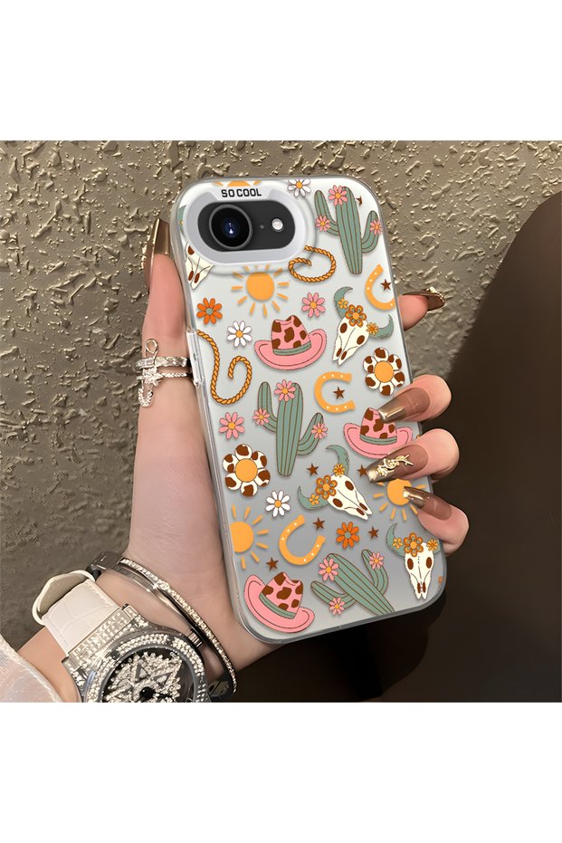 iPhone 17E Compatible Western Cowboy Cactus and Sun Pattern Phone Case, Impact Protection