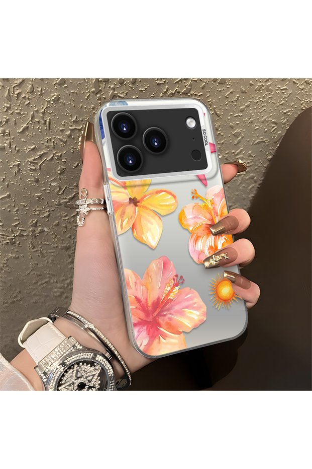 iPhone 17 Pro Compatible Watercolor Tropical Flower and Sun Pattern Phone Case, Shock Protection