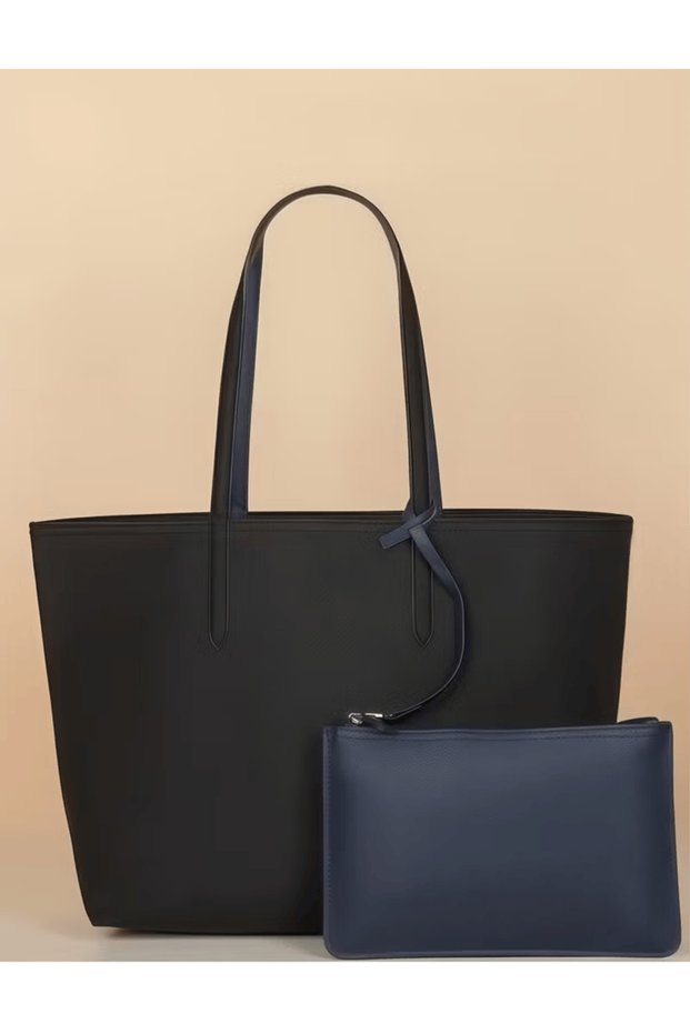 Black Women Tote Bag Set with Navy Pouch, Double-sided Metal Crocodile, Work Shoulder Bag