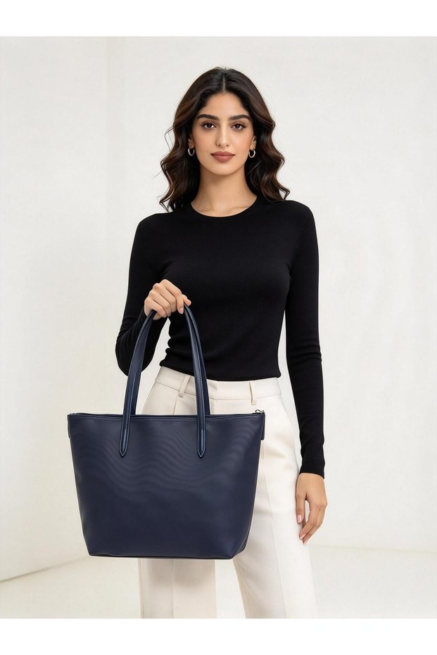 Navy Blue Lightweight Tote Bag, La-cos-test Embroidered Crocodile, Women Office Handbag