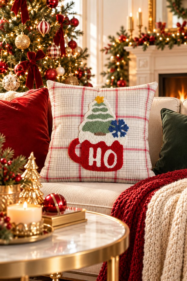 Punch Embroidered Throw Pillow Cover - 43*43 cm - Hohoho Cream Plaid - Pnk001 - New Year - New Year's Eve