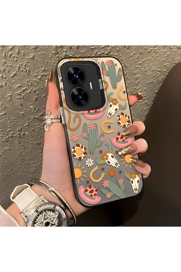Realme C55 Compatible Western Cowboy Cactus and Sun Pattern Phone Case, Shock Protection