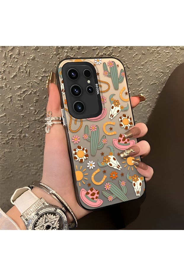 Samsung Galaxy S23 Ultra Compatible Western Cowboy Cactus and Sun Pattern Phone Case, Impact Resistant