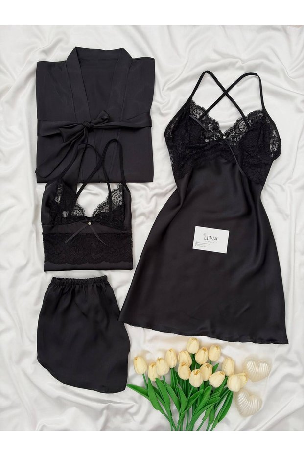 Women's Magic 4-Piece Lace Satin Nightgown, Robe and Shorts Set