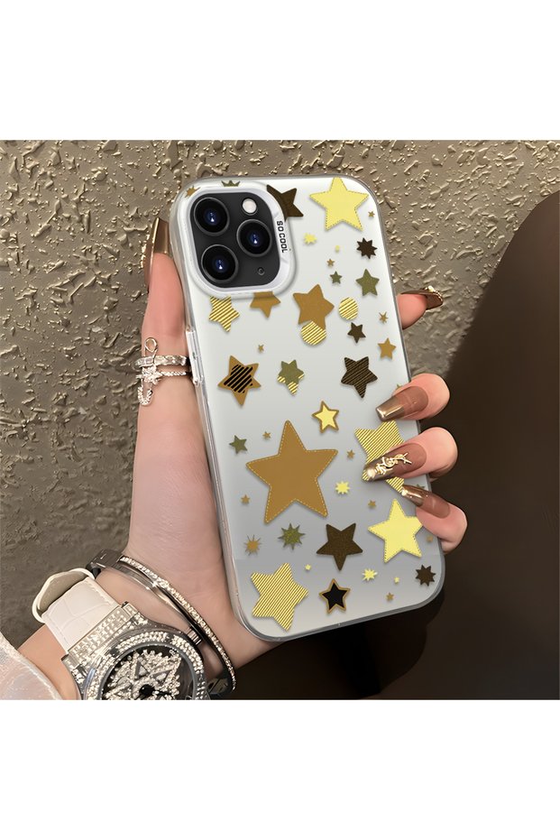 iPhone 11 Pro Compatible Retro Coffee Tone Star Sticker Printed Case, Aesthetic Design
